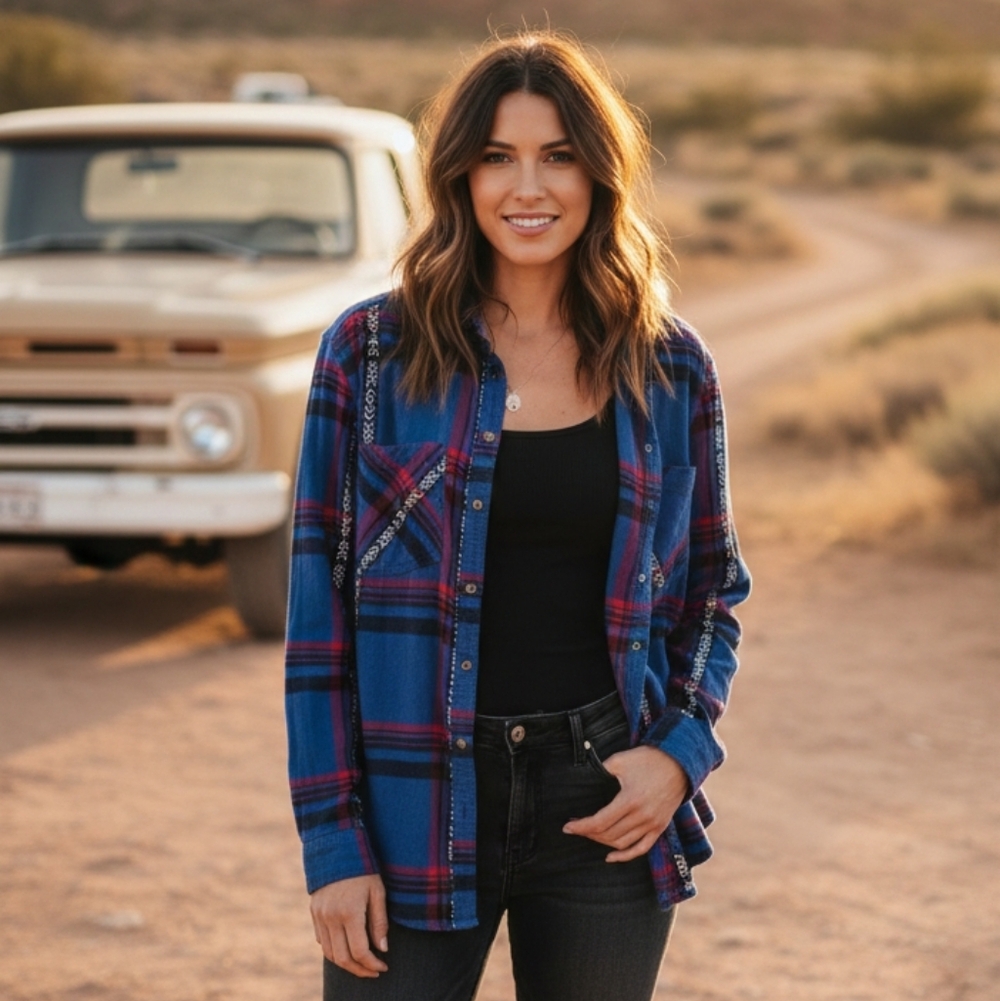 BDG Blue and Pink Plaid Button-Down Shirt